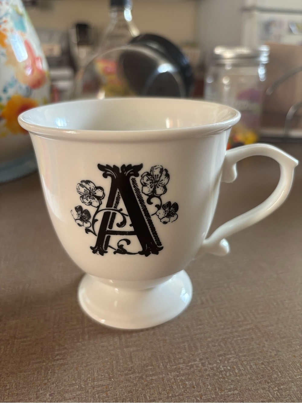 Anthropologie White Porcelain Pedestal Mug with Black Monogram A